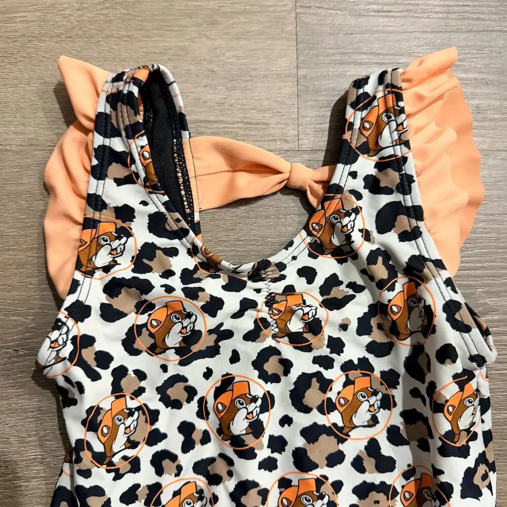 Bucee's Leopard One Piece Swimsuit Size 3T Ruffle Bow Girls New